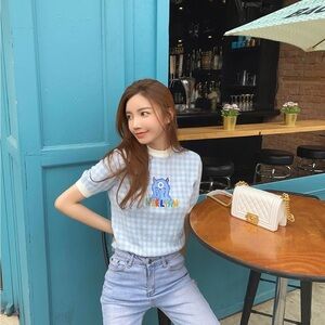 Blue Gingham Women's Knit Top with Cute Monster Print
